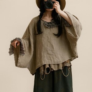 Oversized Linen Blouse • Vintage Ruffle Top, Batwing Sleeve