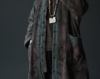 Vintage Corduroy Long Coat for Women, Special Design Patchwork Jacket, O-Neck Buttoned Warm Winter Outerwear with Pockets