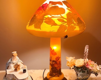 エミール・ガレ風アールヌーボーランプ：花柄ガラスデスクライト