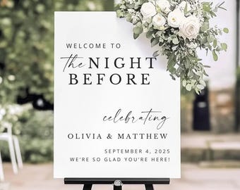 Panneau de bienvenue de répétition de mariage moderne, panneau de bienvenue minimaliste pour le dîner de répétition, panneau de bienvenue la veille du jour, modèle modifiable Canva