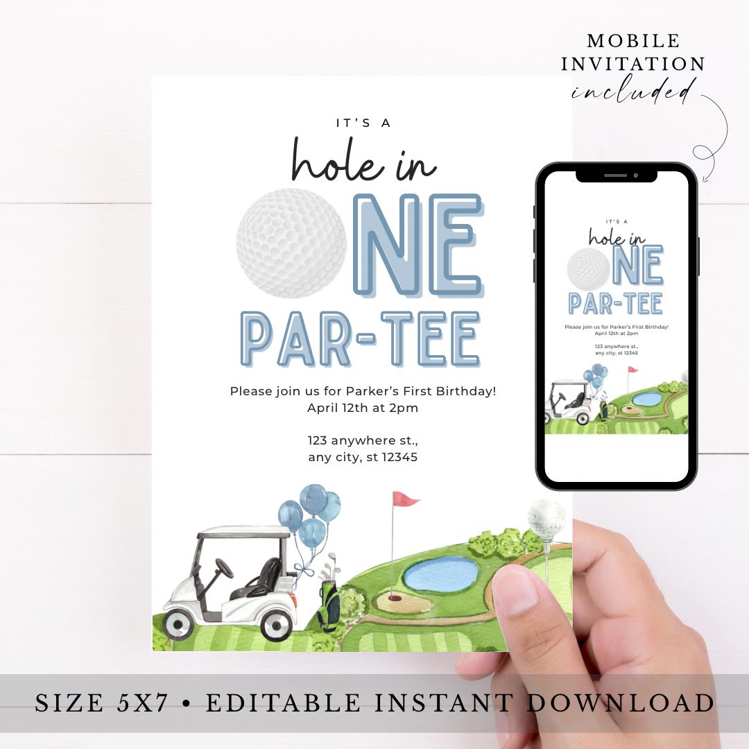 Hole In One 1st Birthday Invite Template, Editable Golf Par-Tee First Birthday Invitation, First Birthday Invitation, Golf Party Invite