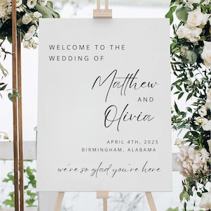 Letrero de boda imprimible, letrero de bienvenida para boda, letrero de bienvenida moderno, póster de bienvenida "Nos alegra mucho que estés aquí", plantilla editable