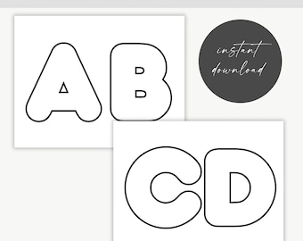 May include: A set of bubble letter templates featuring the letters A, B, C, and D in a bold black outline on a white background. The text BUBBLE LETTER TEMPLATES, instant download, and AVAILABLE IN SIZE 6 INCHES & 3 INCHES are clearly visible.