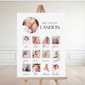 Plantilla imprimible para póster del primer año del bebé, tablero de hitos del primer cumpleaños del bebé, letrero de hitos de cumpleaños, letrero de collage de fotos del primer cumpleaños