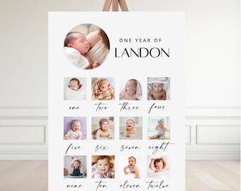 Może przedstawiać: Biały plakat na sztaludze z kolażem zdjęć dziecka. Na plakacie widnieje napis "ONE YEAR OF LANDON" ze zdjęciami od jednego do dwunastu miesięcy. Zdjęcia są ułożone w siatkę, z imieniem dziecka na górze.