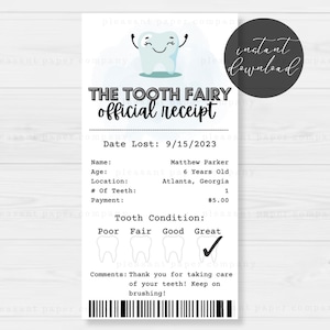 Recibo editable del hada de los dientes, carta imprimible del hada de los dientes, recibo imprimible del hada de los dientes, carta del hada de los dientes para niños, diente perdido, niño, azul