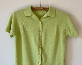 1960s Vintage Lime Green Wool Short Sleeved Cardigan with Collar