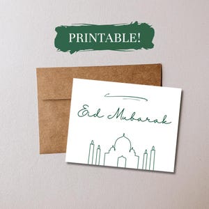 Printable Card - Eid Mubarak, Minimalist A2 Card, Instant Download, Ink-Saving Design, Print-at-Home, Aesthetic, 4.25x5.5, Green