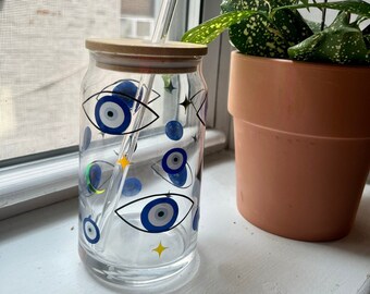 Evil Eye Beer Can Glass, Evil Eye Glass Coffee Cup, Evil Eye Glass Tumbler, Evil Eye Iced Coffee Cup, Evil Eye Tumbler With Lid And Straw