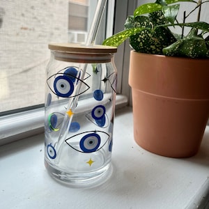 Evil Eye Beer Can Glass, Evil Eye Glass Coffee Cup, Evil Eye Glass Tumbler, Evil Eye Iced Coffee Cup, Evil Eye Tumbler With Lid And Straw
