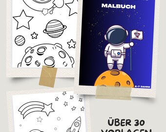 May include: A children's coloring book with space-themed illustrations. The cover features an astronaut on a moon with the title "WELTRAUM MALBUCH". Other images include planets, stars, and rockets. The text "ÜBER 30 VORLAGEN ZUM AUSMALEN!!" is also visible.