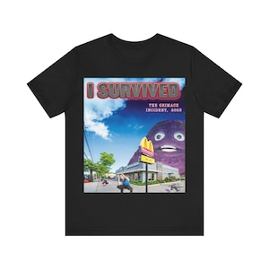May include: Black t-shirt featuring a graphic with the text "I Survived The Grimace Incident, 2023." The graphic depicts a purple character, a McDonald's restaurant, and people on the ground.