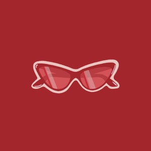 May include: A pair of red cat-eye sunglasses with a white outline. The sunglasses are on a red background.