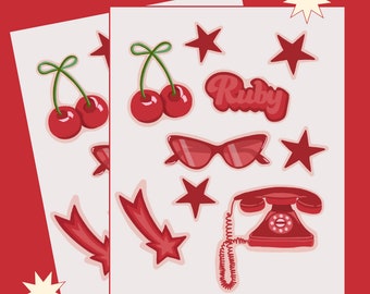 Paquete de pegatinas retro rubí