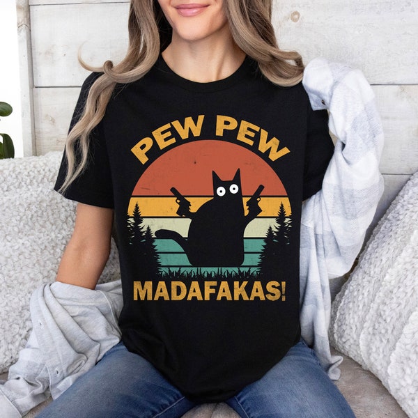 T-Shirt Humour Chat 'PEW PEW MADAFAKAS' - Cadeau Pour Amoureux Des Chats - Noir - Taille M - Coton