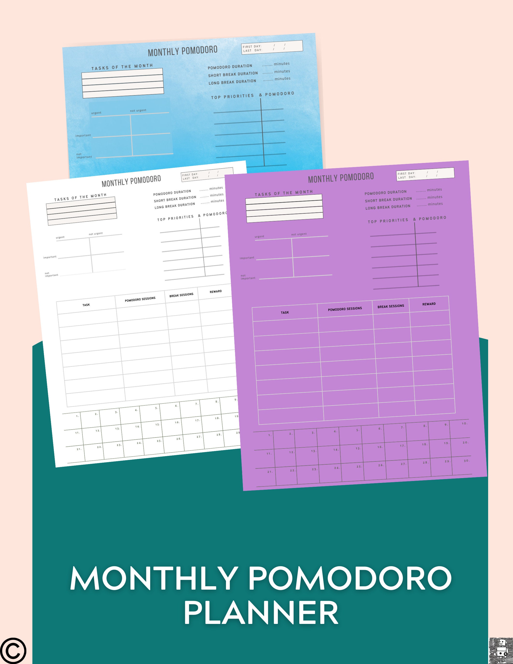 Printable Monthly Pomodoro Planner, Eisenhower Matrix Planner, 2023 ...