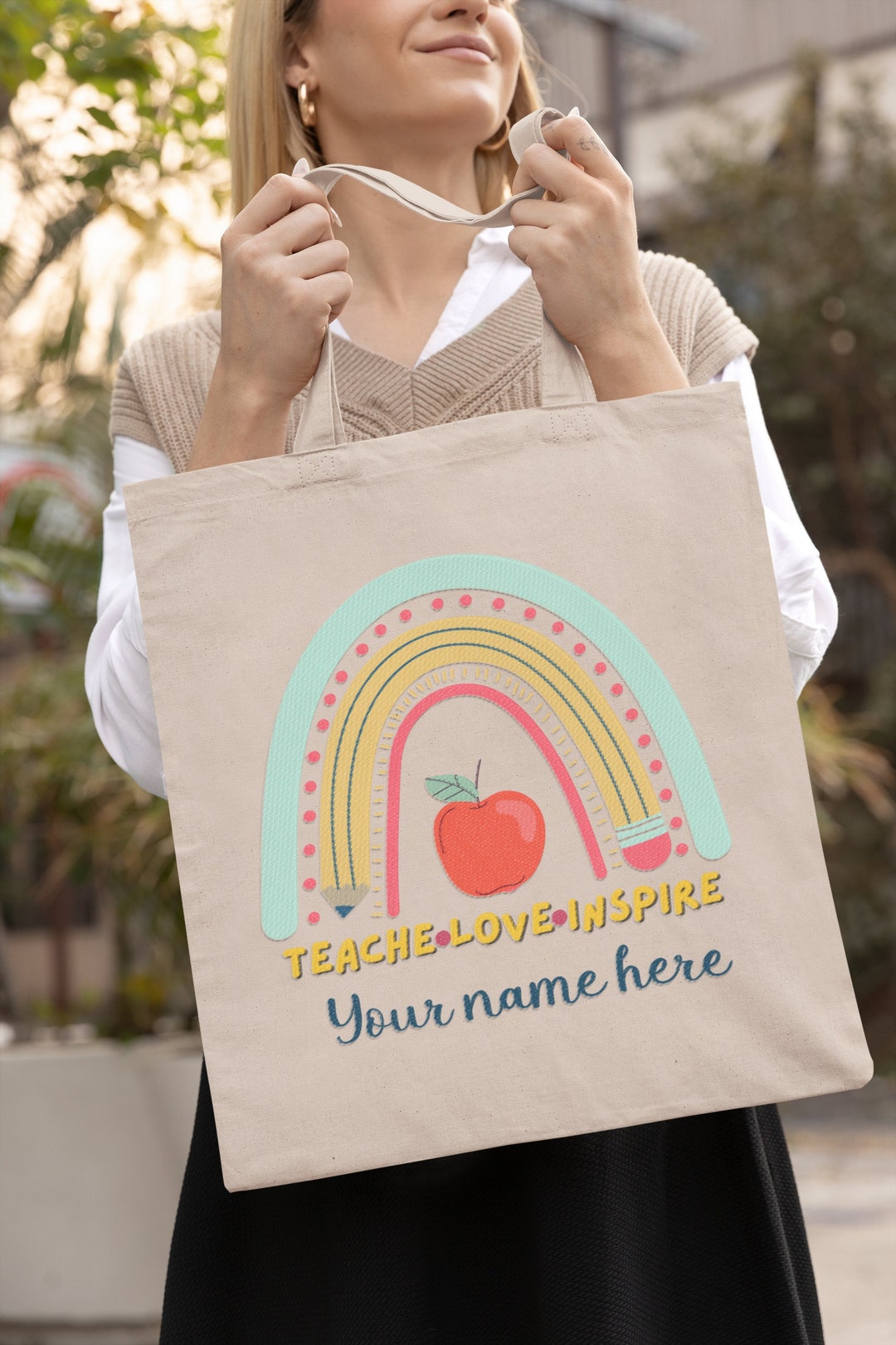 Personalized Teacher Tote, Custom Teacher Tote Bag, Boho Rainbow Tote ...