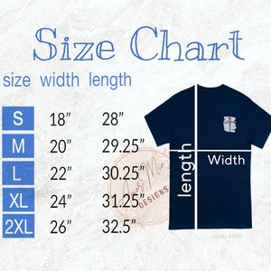 Puede incluir: Tabla de tallas para una camiseta azul marino con un gr&aacute;fico blanco. La tabla muestra la talla, el ancho en pulgadas y la longitud en pulgadas. Las tallas incluyen S, M, L, XL y 2XL.