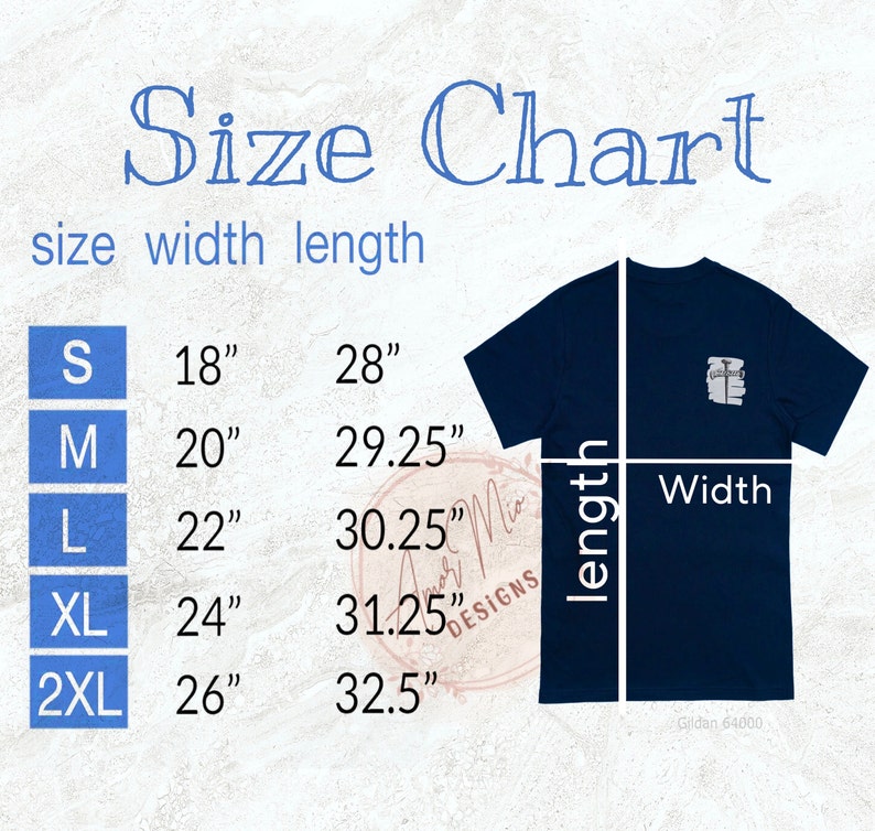 Puede incluir: Tabla de tallas para una camiseta azul marino con un gr&aacute;fico blanco. La tabla muestra la talla, el ancho en pulgadas y la longitud en pulgadas. Las tallas incluyen S, M, L, XL y 2XL.
