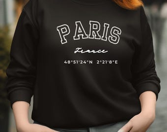 Sudadera de cuello redondo con coordenadas de ciudad personalizadas / Regalo de viaje personalizado / Sudadera con ubicación GPS / Regalo único para ella o para él / Espíritu viajero