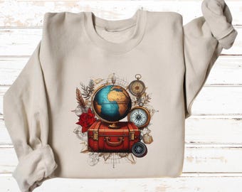 Wanderlust Compass Globe-sweater met ronde hals | Travel Adventure-trui | Ontdekkingsreizigercadeau | Kleding voor wereldreizigers | Vakantiekleding