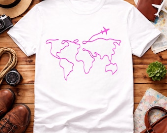 Personalized World Map Airplane Trail Short Sleeve Tee | Custom Wanderlust Gift | Travel Graphic Shirt | Gift for Her Him Explorer