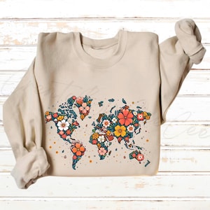 Camiseta con mapa del mundo floral, camiseta con globo de flores de primavera, camiseta botánica del Día de la Tierra, regalo para amantes de la naturaleza, regalo de jardinero, camiseta inspirada en viajes