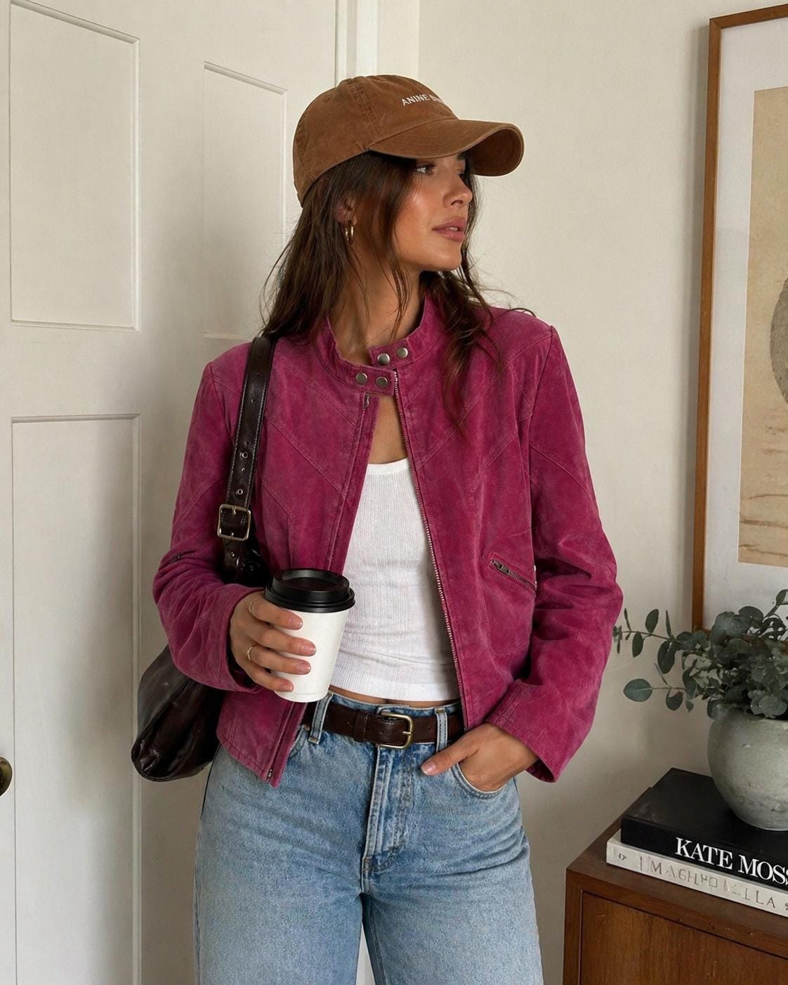 Kurtka zamszowa vintage Raspberry Suede Jacket Women | Wiosenna stylizacja warstwowa | Kurtka w stylu boho streetwear