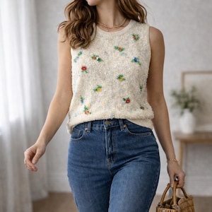 Chaleco de punto floral con lentejuelas / Camiseta sin mangas de punto con cuentas, Hecho en Hong Kong, Estilo años 80.