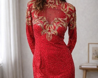 Robe rouge en soie perlée | robe de soirée vintage | Tenues formelles, des fêtes et des fêtes | Taille 14