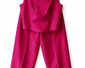 Conjunto vintage de dos piezas de satén rosa fucsia / Top corto estilo Y2K, pantalones de pierna ancha. Estilo Barbiecore.