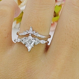 Two Piece Vintage Kite Cut Bridal Set Band Women Ring Cubic Zirconia Wedding Engagement Kite Shape Ring 925 Sterling Silver Ring 14.1mm