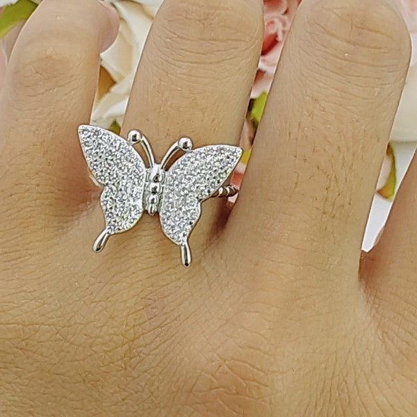 Butterfly Band Women Ring Cubic Zirconia Round Butterfly Shape Statement Ring 925 Sterling Silver Ring Gift For Her 17.1mm