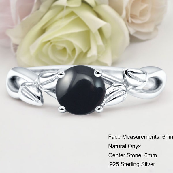 Leaf Solitaire Round Cut 0.84CT Natural Black Onyx Bridal Band Women Ring Wedding Engagement Round Shape Ring 925 Sterling Silver Ring 6mm