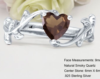 Leaf Art Deco Heart Promise 2.41CT Natural Smokey Quartz Bridal Band Women Ring Chocolate Brown Engagement Ring 925 Sterling Silver Ring 9mm