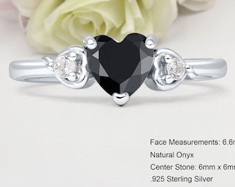Three Stone Heart Promise 0.93CT Natural Black Onyx Bridal Band Women Ring Wedding Engagement Ring 925 Sterling Silver Ring 6.6mm