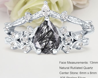 Two Piece Pear Teardrop 1.25CT Natural Rutilated Quartz Bridal Set Band Women Ring Engagement Pear Shape Ring 925 Sterling Silver Ring 13mm