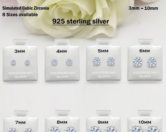 Pair of 316L Surgical Steel Round Cubic Zirconia Studs | Stackable Stud Earrings | Hypoallergenic | 3mm 4mm 5mm 6mm 7mm 8mm 9mm 10mm
