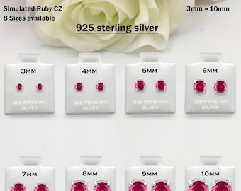 925 Sterling Silver Round Ruby CZ Stud July BirthStone Earring Post Solitaire Wedding Engagement 3mm 4mm 5mm 6mm 7mm 8mm 9mm 10mm 1Pair Gift