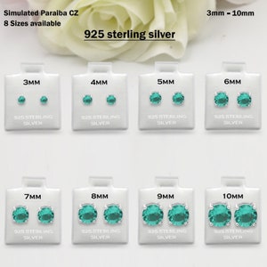 925 Sterling Silver Round Paraiba Tourmaline CZ Stud Earring Post Solitaire Wedding Engagement 3mm 4mm 5mm 6mm 7mm 8mm 9mm 10mm 1 Pair Gift