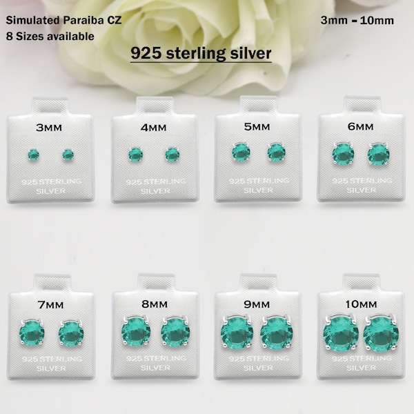 925 Sterling Silver Round Paraiba Tourmaline CZ Stud Earring Post Solitaire Wedding Engagement 3mm 4mm 5mm 6mm 7mm 8mm 9mm 10mm 1 Pair Gift
