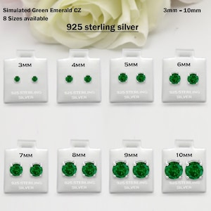 925 Sterling Silver Round Emerald CZ May Stud Earring Post Solitaire Wedding Engagement 3mm 4mm 5mm 6mm 7mm 8mm 9mm 10mm 1 Pair Gift