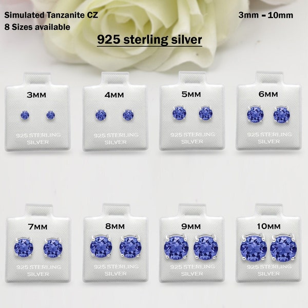 925 Sterling Silver Round Tanzanite CZ Stud Dec Birth Earring Post Solitaire Wedding Engagement 3mm 4mm 5mm 6mm 7mm 8mm 9mm 10mm 1Pair Gift