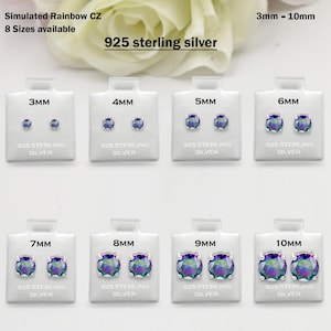 925 Sterling Silver Round Rainbow CZ Stud Earring Post Solitaire Wedding Engagement 3mm 4mm 5mm 6mm 7mm 8mm 9mm 10mm 1 Pair Gift
