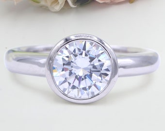 Round Bezel Set Solitaire Antique Style Art Deco Round Bridal Band Women Ring Cubic Zirconia Engagement Ring 925 Sterling Silver Ring 8mm