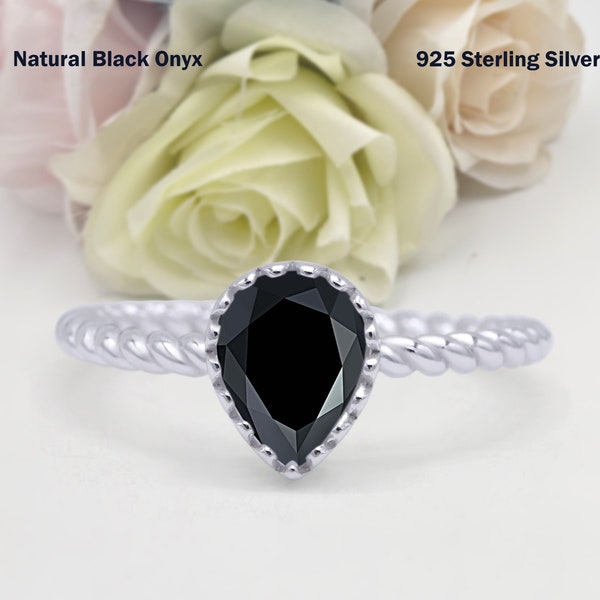 1.25 Carat Vintage Twisted Rope Teardrop Pear Natural Black Onyx Wedding Engagement Bridal Band Ring Diamond CZ 925 Sterling Silver