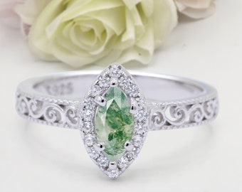 0.47 Carat Halo Art Deco Marquise Natural Green Moss Wedding Engagement Bridal Round Band Ring Diamond CZ 925 Sterling Silver