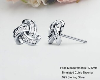 12.5mm Trinity Love Knot Baguette Stud Earring Women 925 Sterling Silver Stud Earring Cubic Zirconia Push Back Earrings Gift Earring