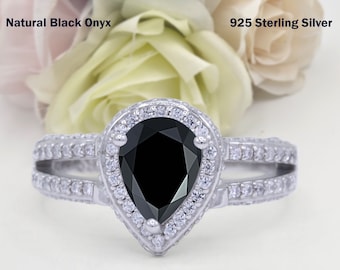 1.25 Carat Vintage Teardrop Pear Halo Split Shank Natural Black Onyx Wedding Engagement Bridal Band Ring Diamond CZ 925 Sterling Silver