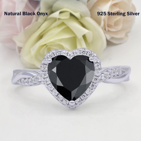 1.71 Carat Halo Twisted Infinity Heart Natural Black Onyx Wedding Engagement Bridal Band Round Ring Diamond CZ 925 Sterling Silver